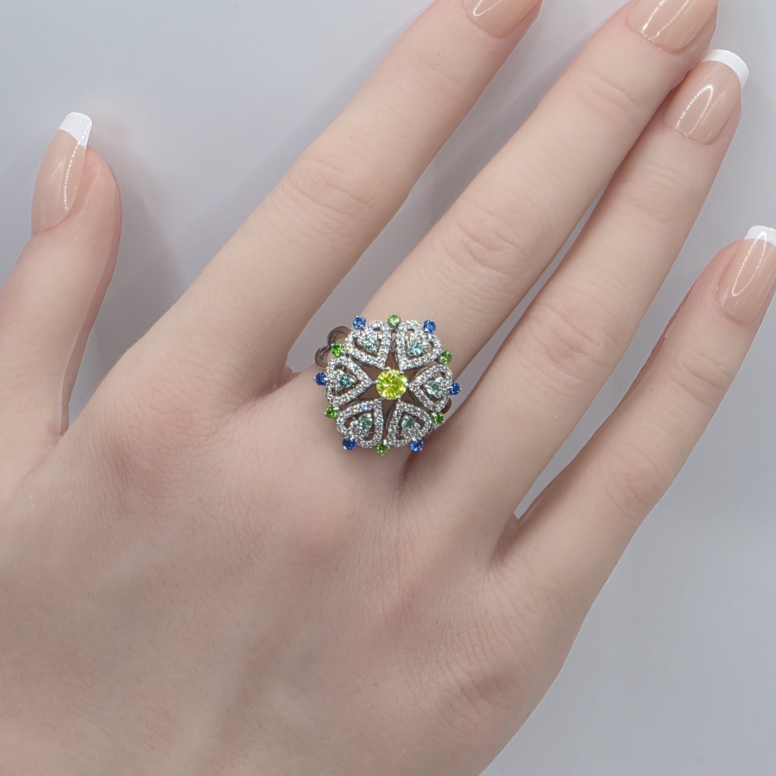Multi-Color Diamond Ring in Platinum 900 – Size 13