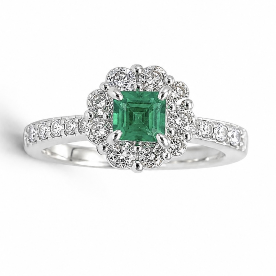 Elegant Emerald & Diamond Ring in PT900 – Size 11.5