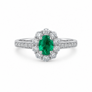 Emerald & Diamond Halo Ring in PT900  – Size 12