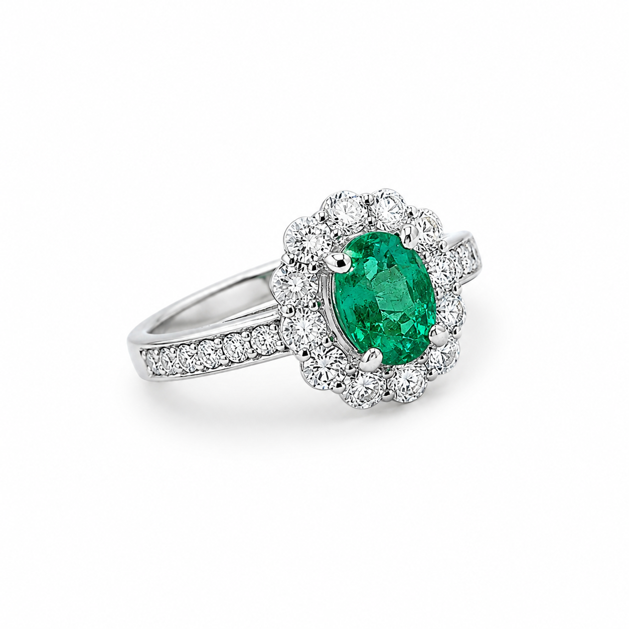 Emerald & Diamond Halo Ring in PT900 – Size 12