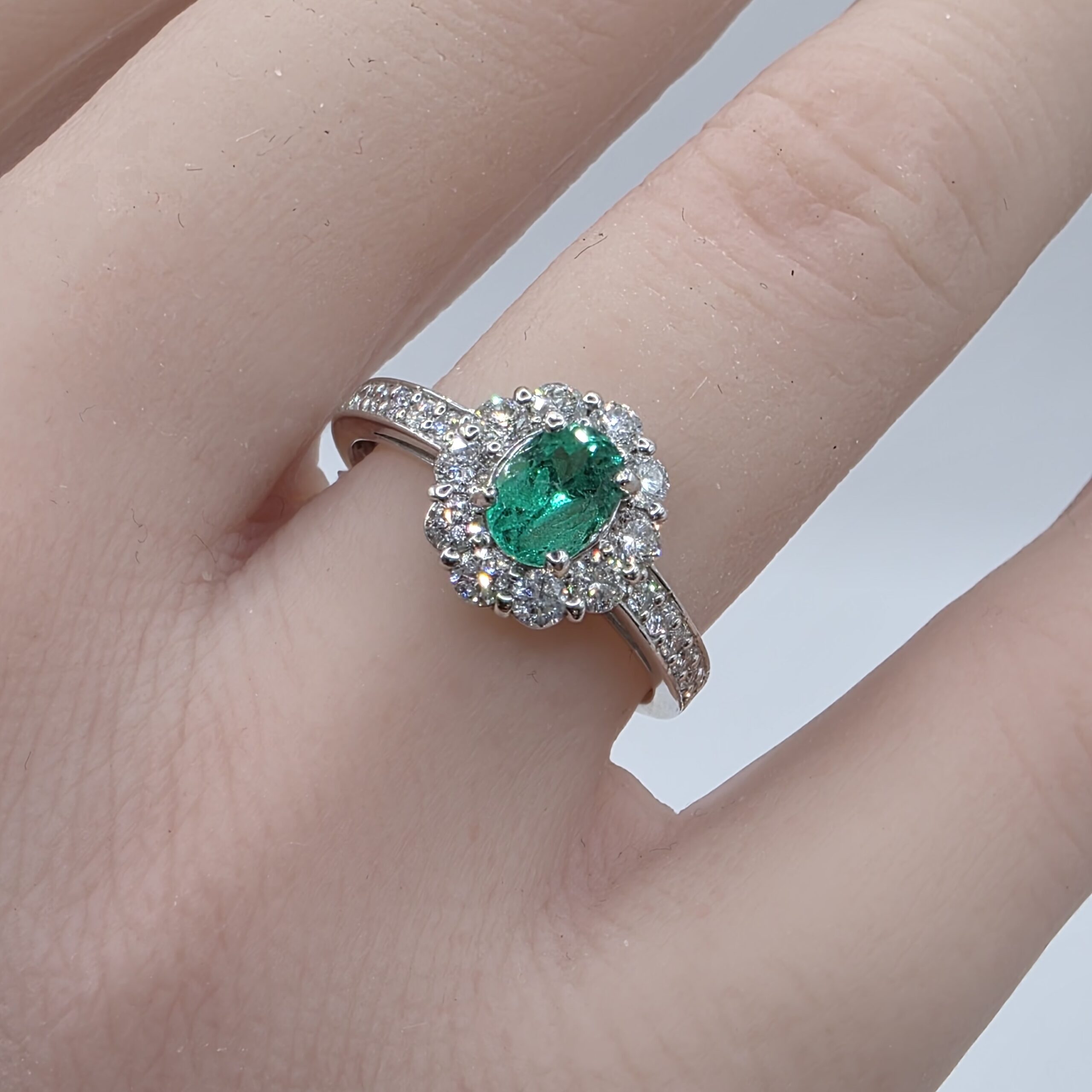 Emerald & Diamond Halo Ring in PT900 – Size 12